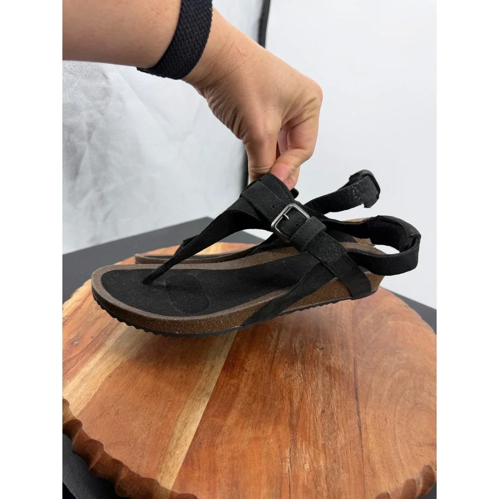 Teva Mahonia Wedge Thong Sandal Womens 8 Black Leather Cork Strappy 1116685